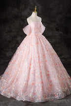 A-Line Pink Flowers Tulle Long Princess Dress, Off the Shoulder Evening Dress