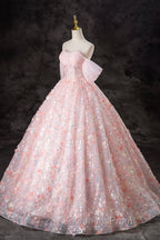 A-Line Pink Flowers Tulle Long Princess Dress, Off the Shoulder Evening Dress