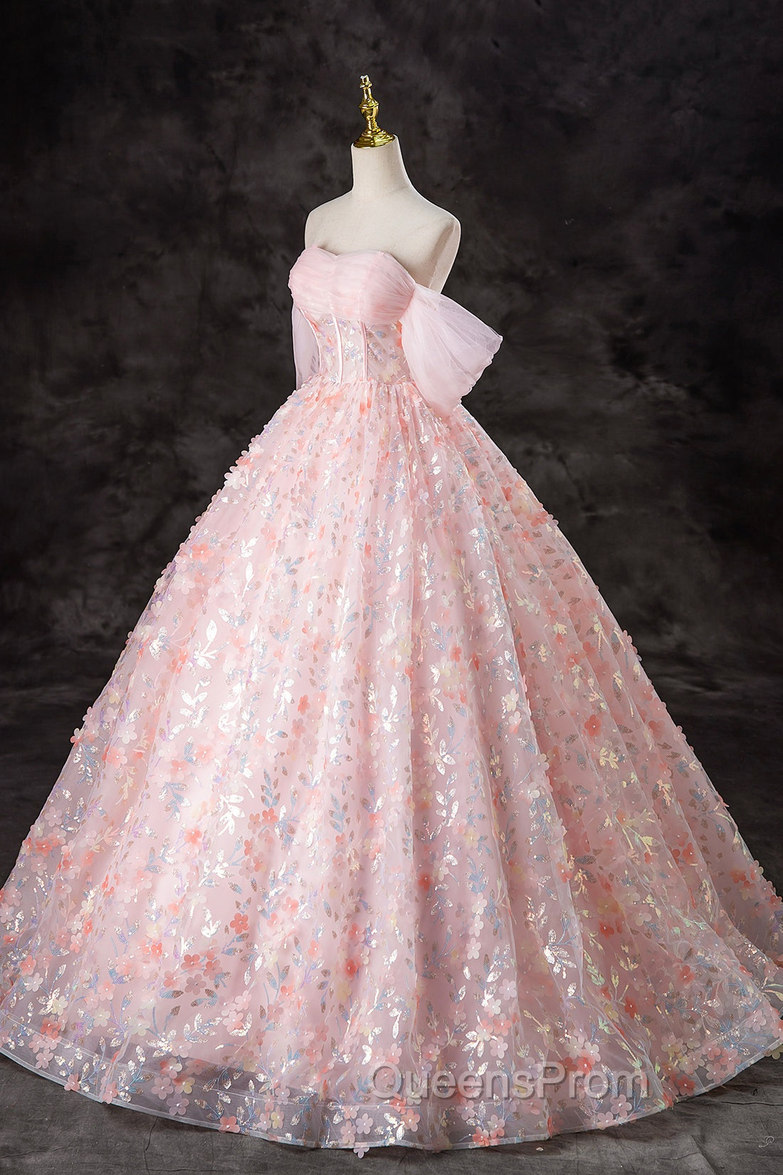 A-Line Pink Flowers Tulle Long Princess Dress, Off the Shoulder Evening Dress