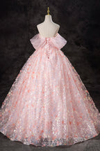 A-Line Pink Flowers Tulle Long Princess Dress, Off the Shoulder Evening Dress