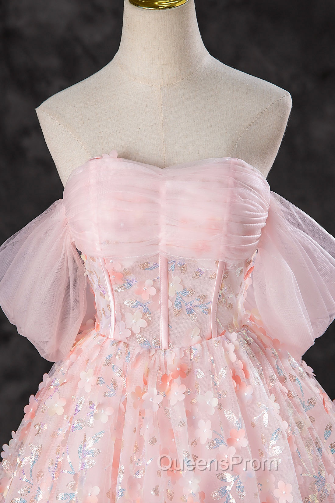 A-Line Pink Flowers Tulle Long Princess Dress, Off the Shoulder Evening Dress