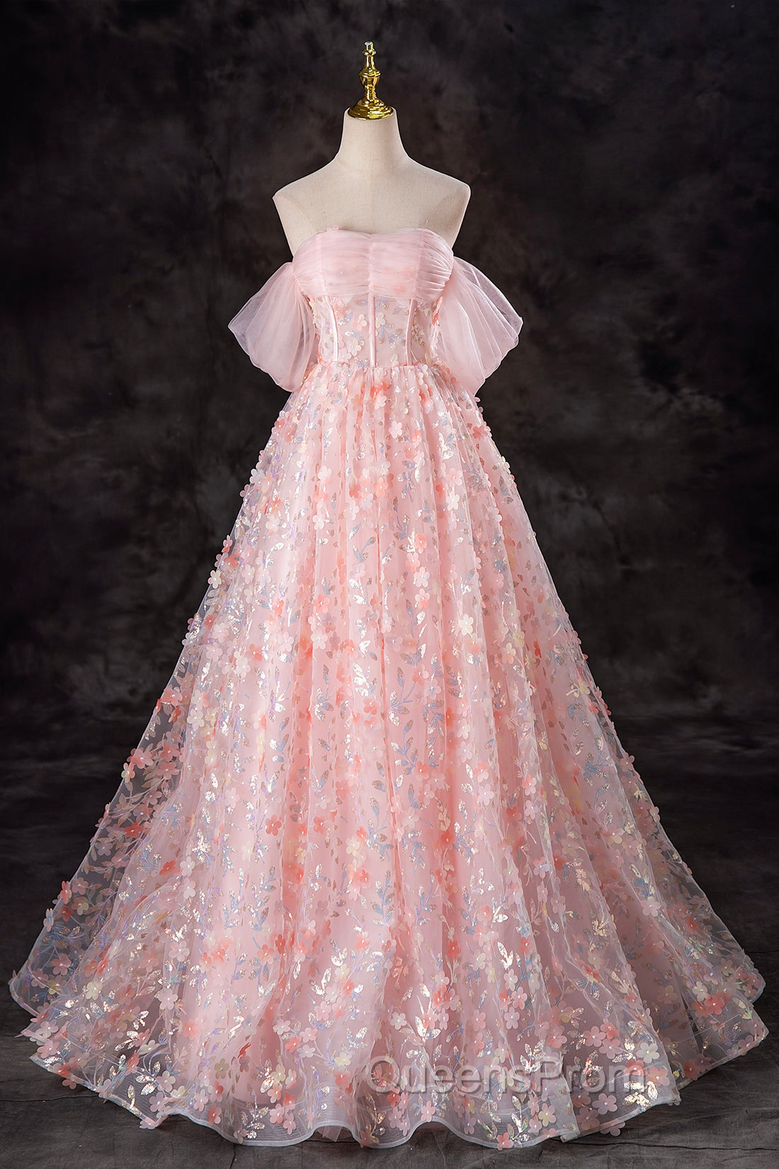 A-Line Pink Flowers Tulle Long Princess Dress, Off the Shoulder Evening Dress