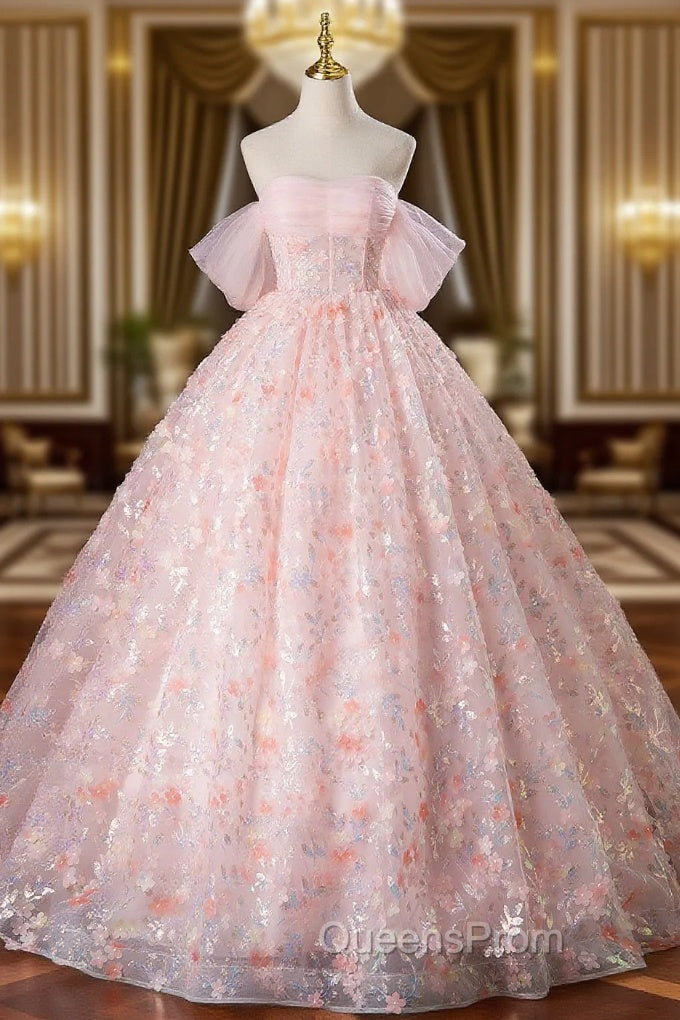 A-Line Pink Flowers Tulle Long Princess Dress, Off the Shoulder Evening Dress Main image