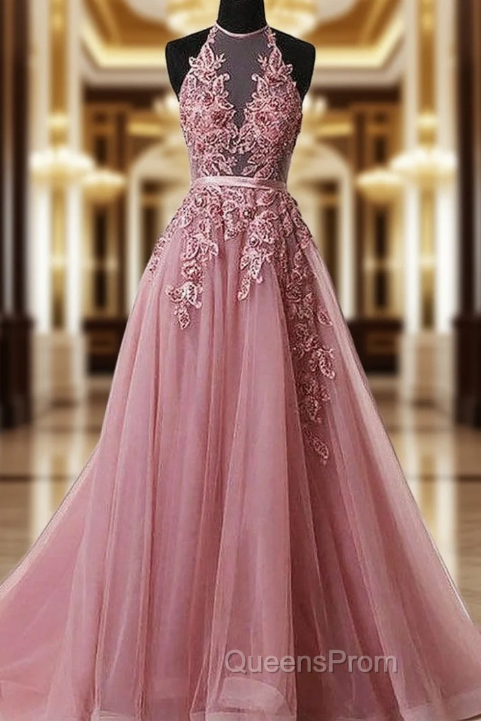 A-Line Pink Halter Sleeveless Applique Tulle Evening Prom Dress