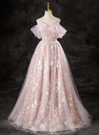 A-Line Pink Lace And Tulle Sweetheart Party Dress, Pink Tulle Classy Prom Dress