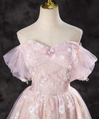A-Line Pink Lace And Tulle Sweetheart Party Dress, Pink Tulle Classy Prom Dress