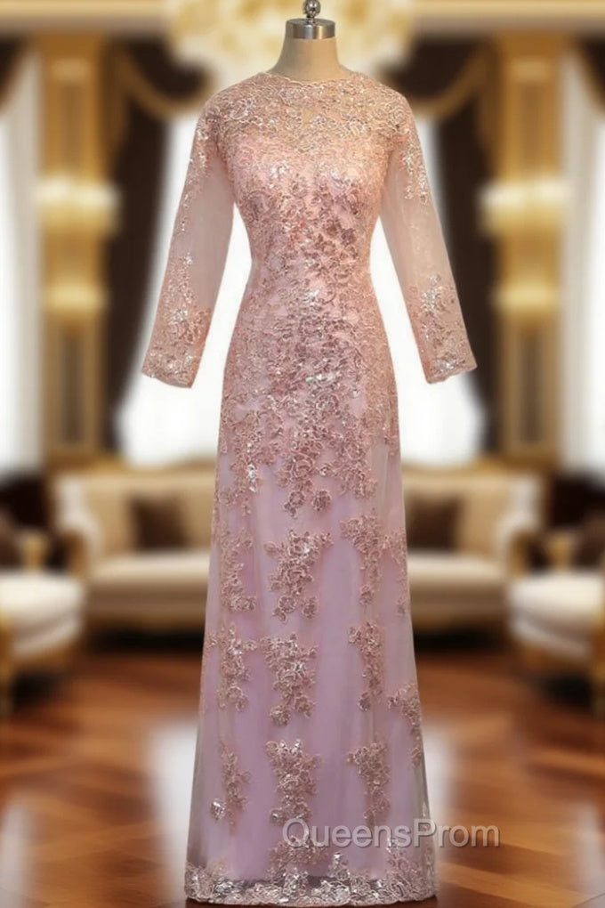 A-line Pink Lace Long Sleeves Appliques Mother Of The Bride Dress