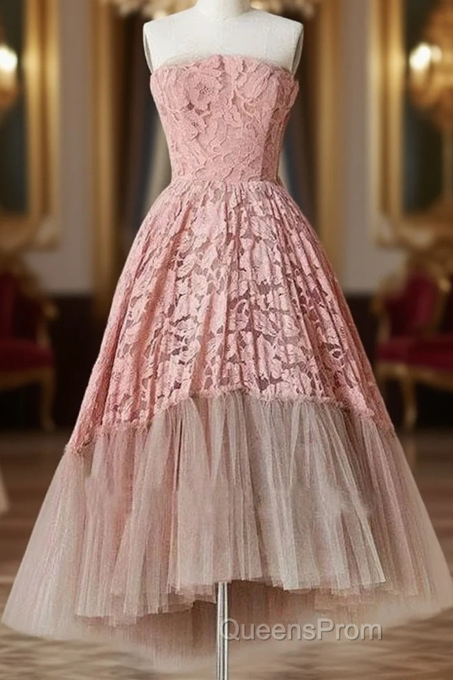 A Line Pink Lace Strapless Sleeveless Short Tulle Homecoming Dress Main image