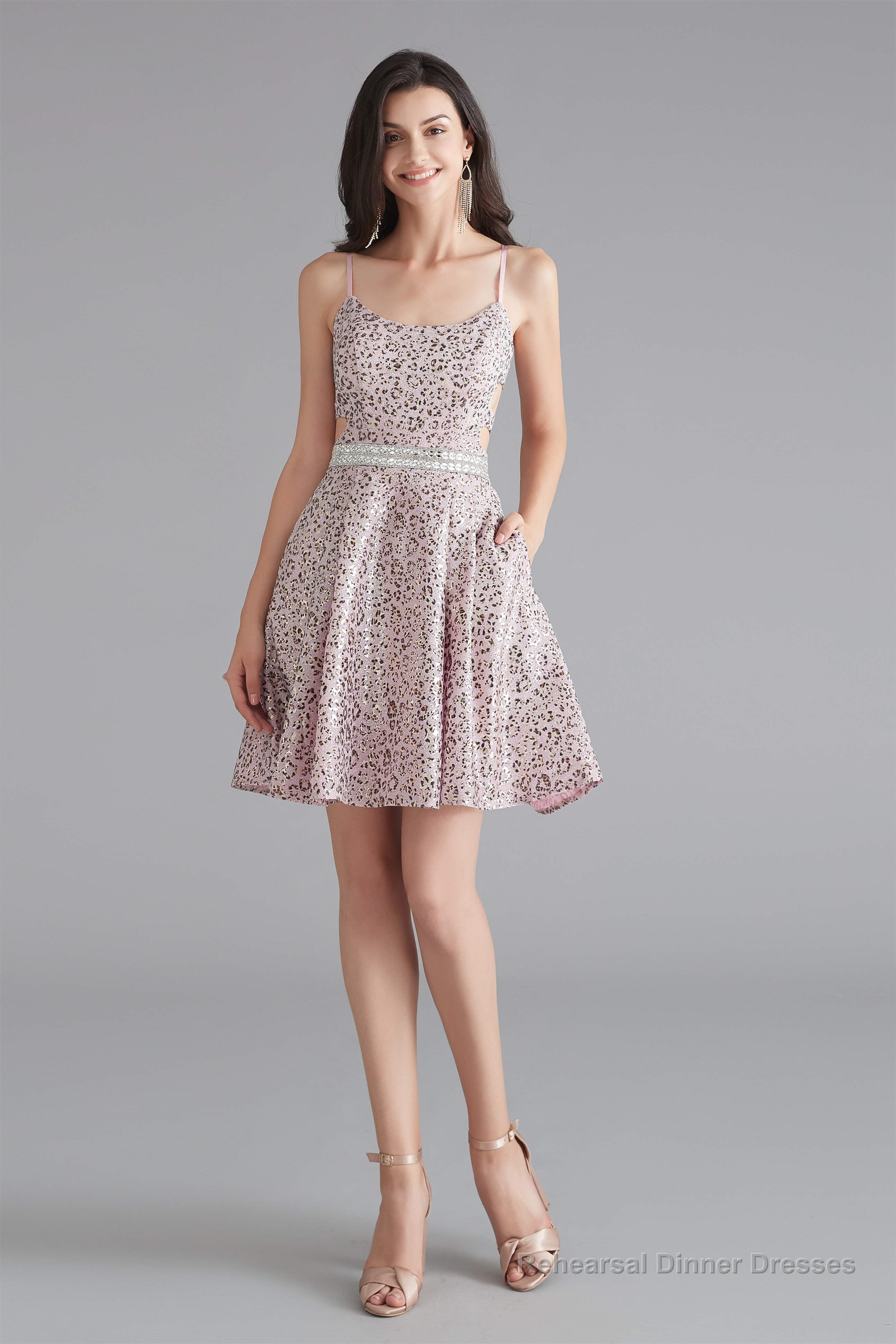 A-Line Pink Leopard Sequins Spaghetti Straps Cross Back Homecoming Dresses Main image
