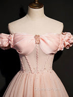 A line Pink Long Evening Prom Dress, Pink Tulle Evening Graduation Dress With Beading