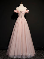 A line Pink Long Evening Prom Dress, Pink Tulle Evening Graduation Dress With Beading