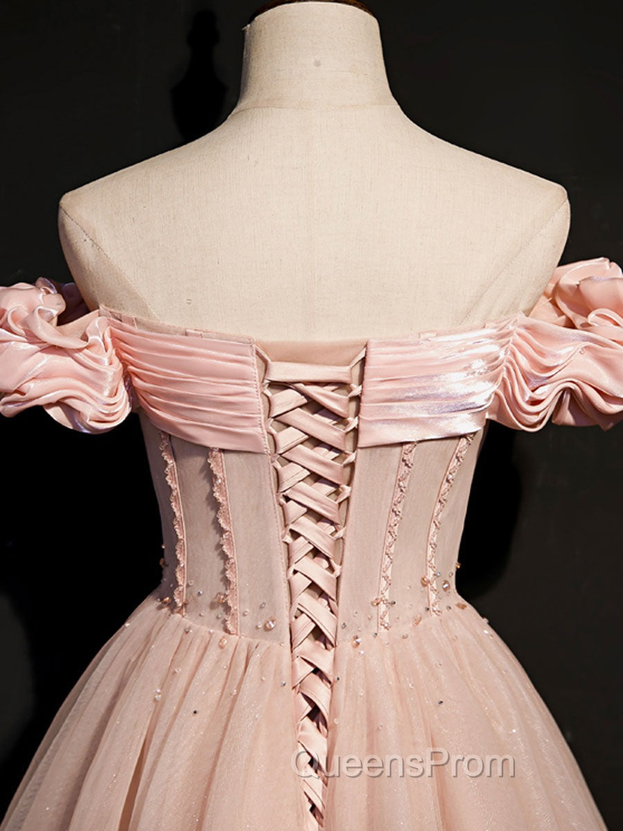 A line Pink Long Evening Prom Dress, Pink Tulle Evening Graduation Dress With Beading