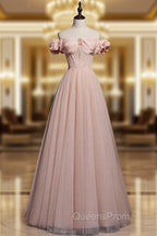 A line Pink Long Evening Prom Dress, Pink Tulle Evening Graduation Dress With Beading
