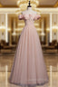A line Pink Long Evening Prom Dress, Pink Tulle Evening Graduation Dress With Beading
