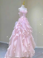 A Line Pink Long Evening Prom Dress,Strapless Evening Gown