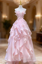 A Line Pink Long Evening Prom Dress,Strapless Evening Gown