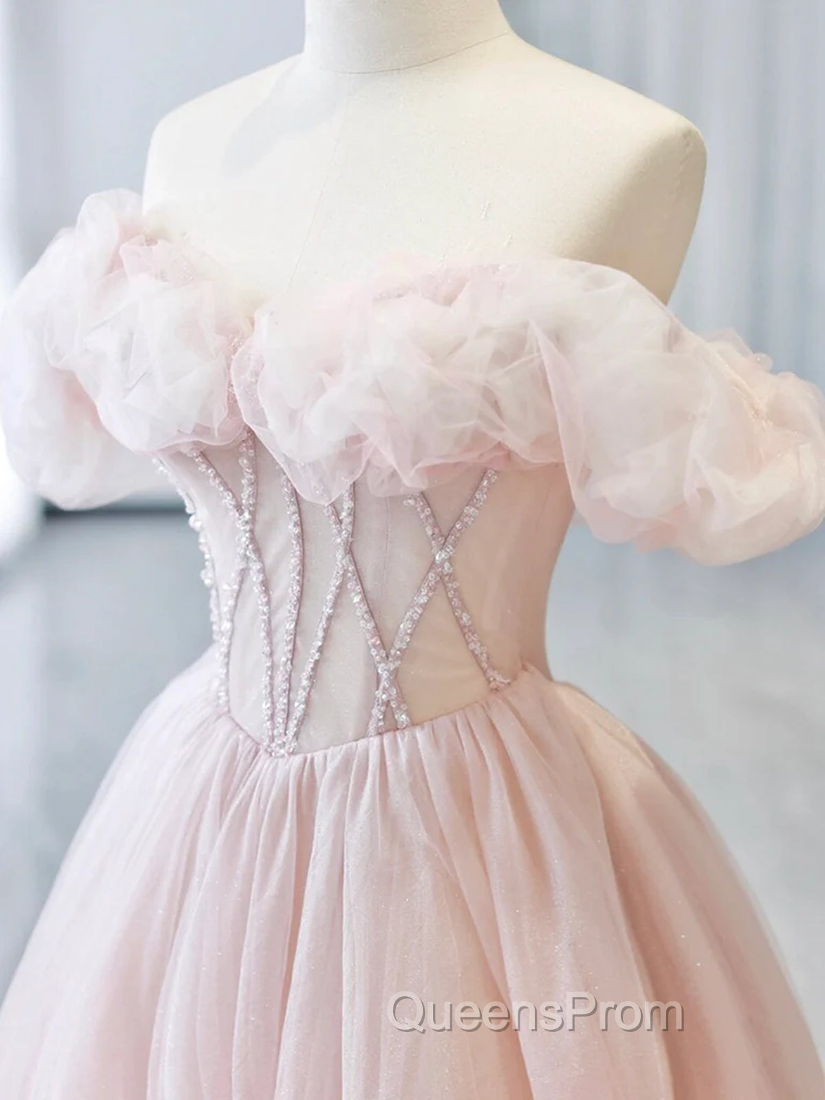 A-line Pink Off Shoulder Beaded Sweetheart Party Dress, Pink Tulle Evening Prom Dress Secondary image