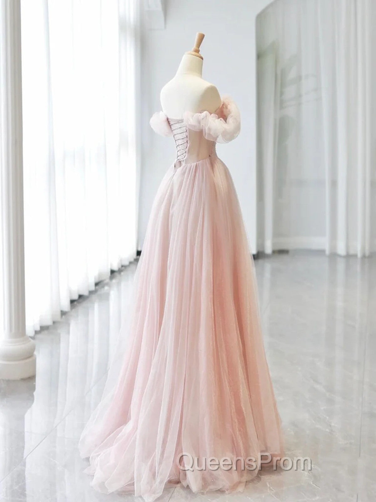 A-line Pink Off Shoulder Beaded Sweetheart Party Dress, Pink Tulle Evening Prom Dress