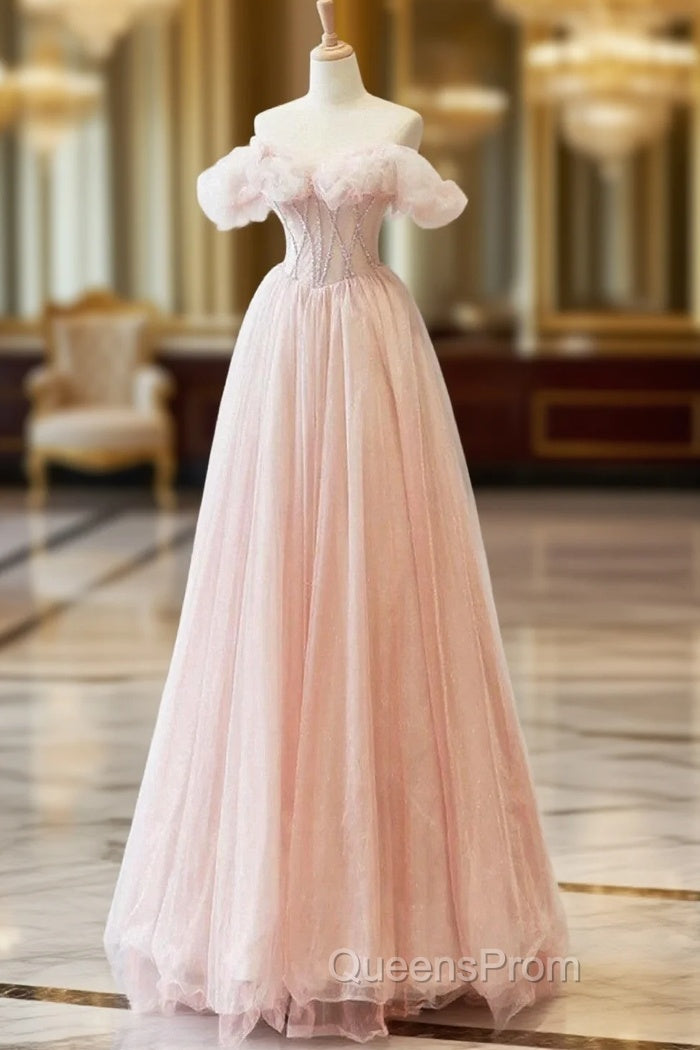 A-line Pink Off Shoulder Beaded Sweetheart Party Dress, Pink Tulle Evening Prom Dress Main image
