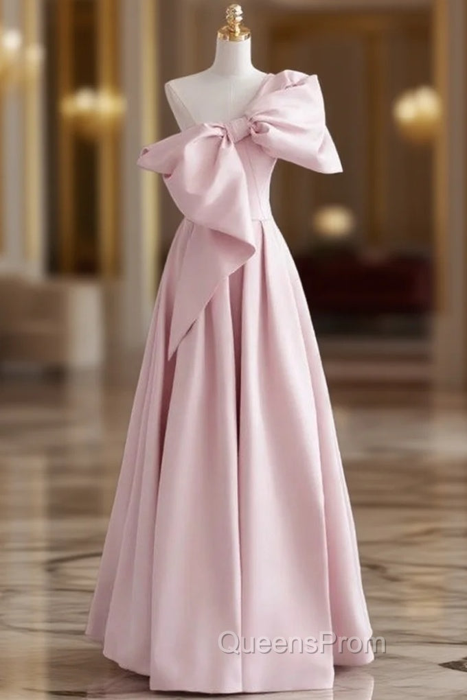 A-Line Pink One Shoulder Bow Evening Prom Dress Main image