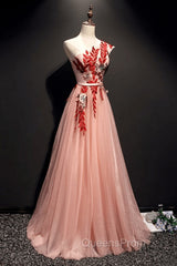 A Line Pink One Shoulder Tulle Red Applique Long Evening Prom Dress Evening Dress