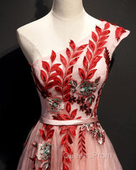 A Line Pink One Shoulder Tulle Red Applique Long Evening Prom Dress Evening Dress