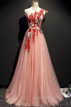 A Line Pink One Shoulder Tulle Red Applique Long Evening Prom Dress Evening Dress