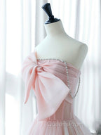 A-Line Pink Organza Long Evening Prom Dress, Pink Long Evening Dress
