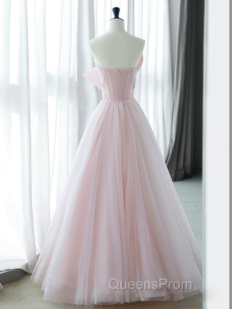 A-Line Pink Organza Long Evening Prom Dress, Pink Long Evening Dress