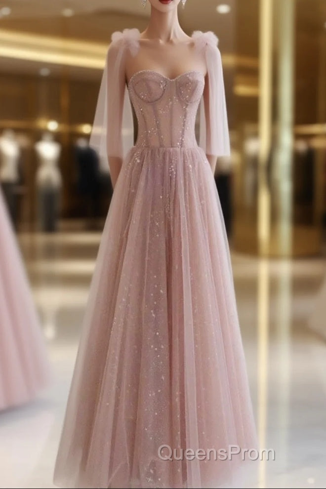 A-Line Pink Round Neck Tulle Long Evening Prom Dress, Pink Formal Evening Dress Main image