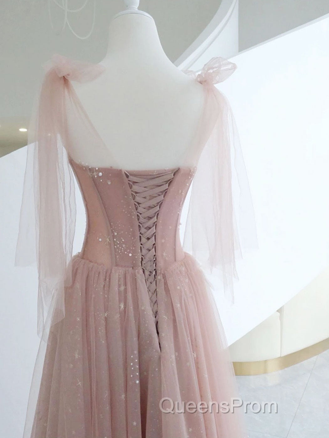 A-Line Pink Round Neck Tulle Long Evening Prom Dress, Pink Formal Evening Dress