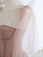 A-Line Pink Round Neck Tulle Long Evening Prom Dress, Pink Formal Evening Dress