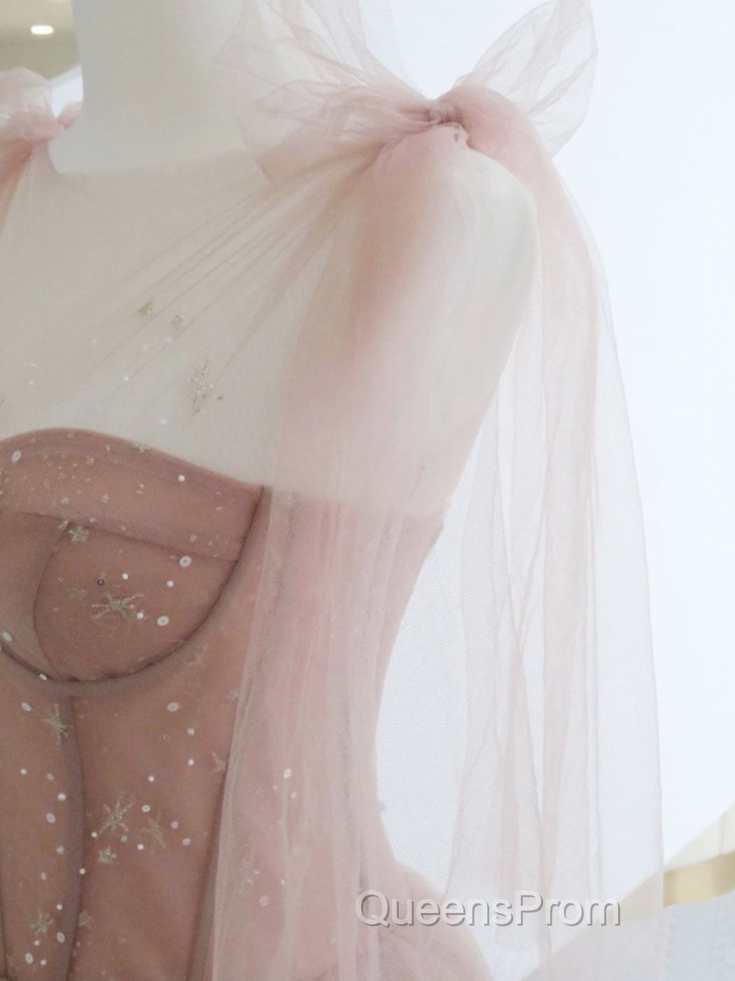 A-Line Pink Round Neck Tulle Long Evening Prom Dress, Pink Formal Evening Dress