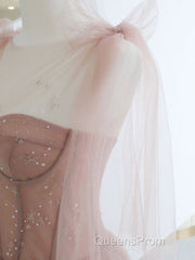 A-Line Pink Round Neck Tulle Long Evening Prom Dress, Pink Formal Evening Dress