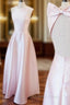 A-Line Pink Satin Backless Floor Length Evening Prom Dress With Bow
