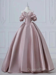 A-Line Pink Satin Long Off Shoulder Evening Prom Dress Quinceanera Dress Evening Dress