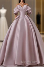 A-Line Pink Satin Long Off Shoulder Evening Prom Dress Quinceanera Dress Evening Dress