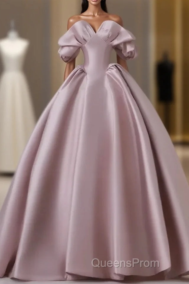 A-Line Pink Satin Long Off Shoulder Evening Prom Dress Quinceanera Dress Evening Dress