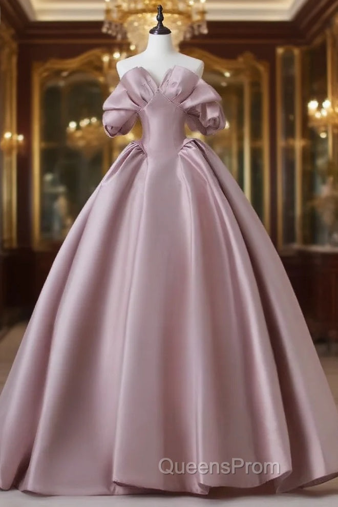 A-Line Pink Satin Long Evening Prom Dress, Pink Long Evening Dress Main image