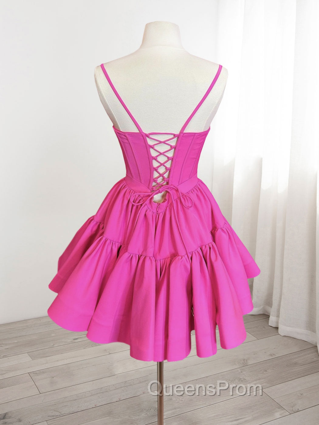 A-Line Pink Satin Short Evening Prom Dress, Backless Cute Pink Homecoming Dress Secondary image