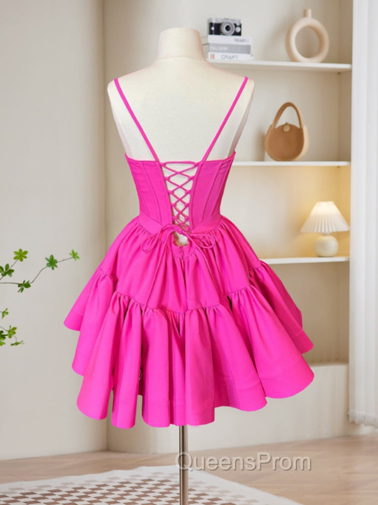 A-Line Pink Satin Short Evening Prom Dress, Backless Cute Pink Homecoming Dress
