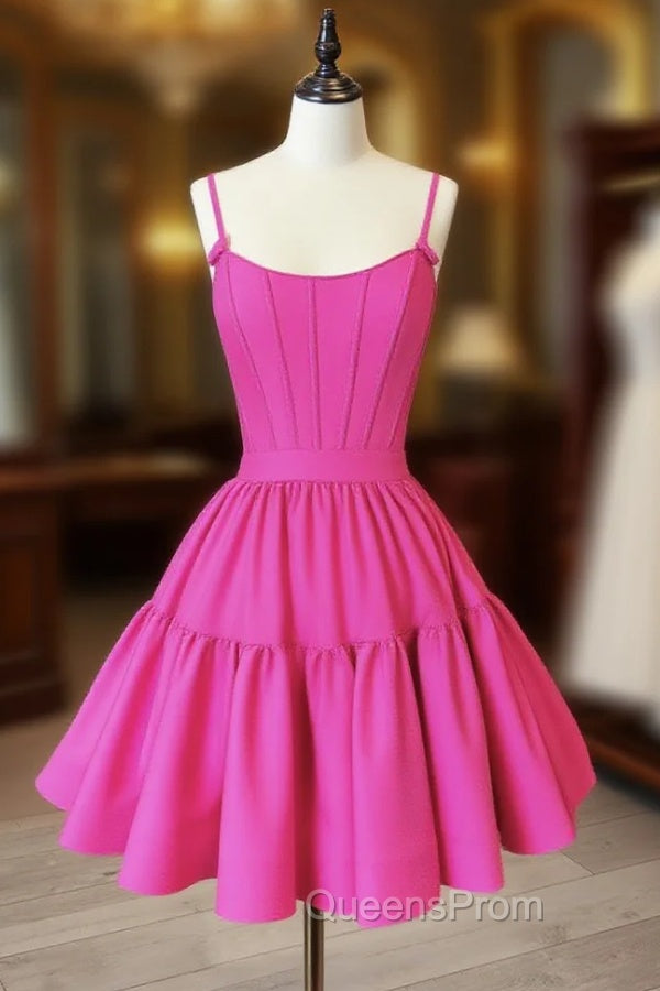 A-Line Pink Satin Short Evening Prom Dress, Backless Cute Pink Homecoming Dress Main image