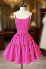 A-Line Pink Satin Short Evening Prom Dress, Backless Cute Pink Homecoming Dress