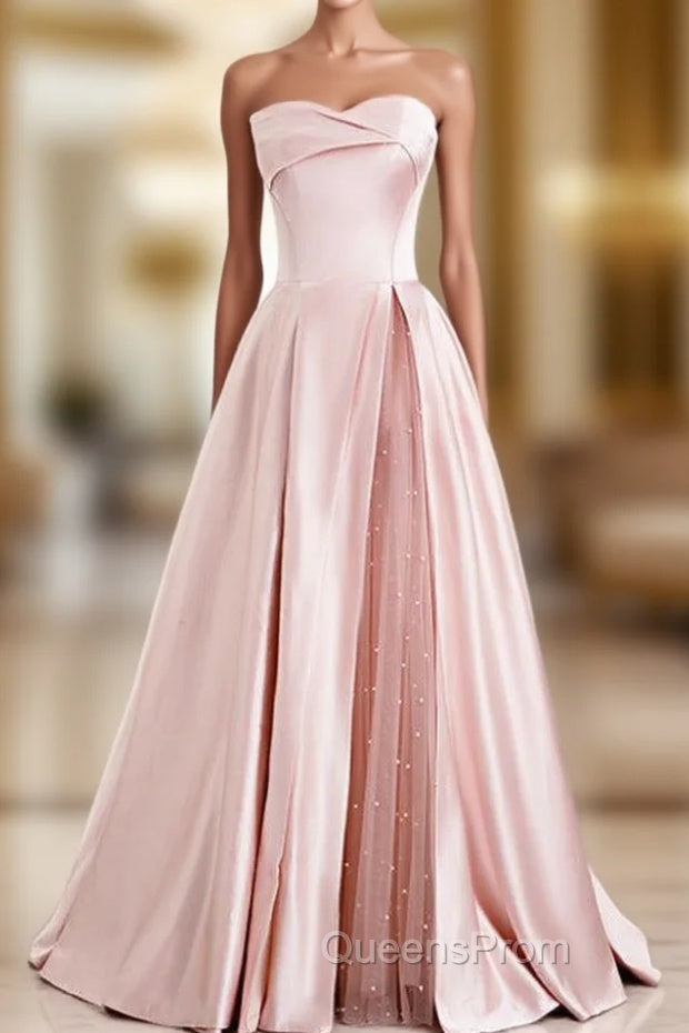 A-Line Pink Satin Strapless Pleats Long Evening Prom Dress