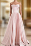 A-Line Pink Satin Strapless Pleats Long Evening Prom Dress