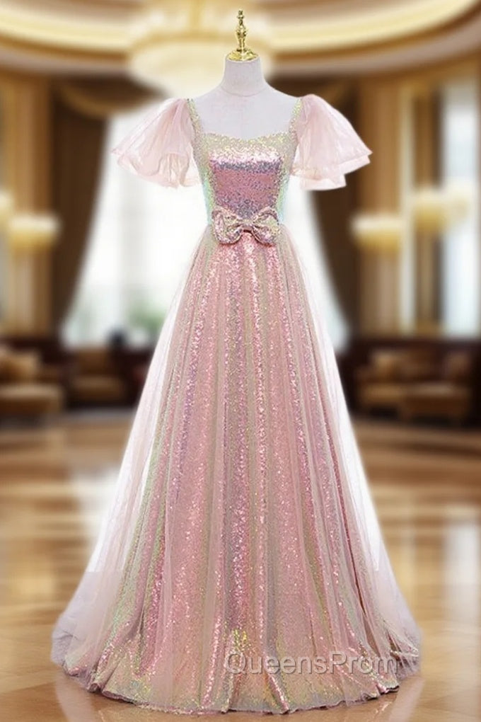 A-line Pink Sequins Puff Sleeve Evening Prom Dress