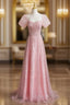 A-line Pink Sequins Short Sleeve Evening Prom Dress