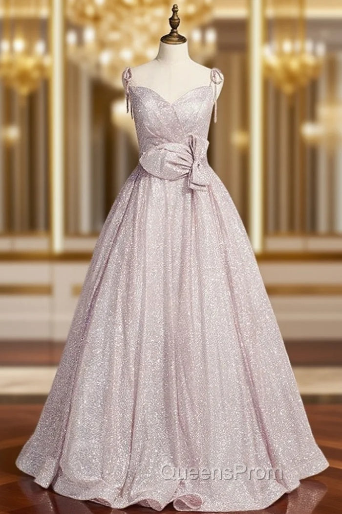 A-Line Pink Sequins Spaghetti Straps Evening Prom Dress With Bow