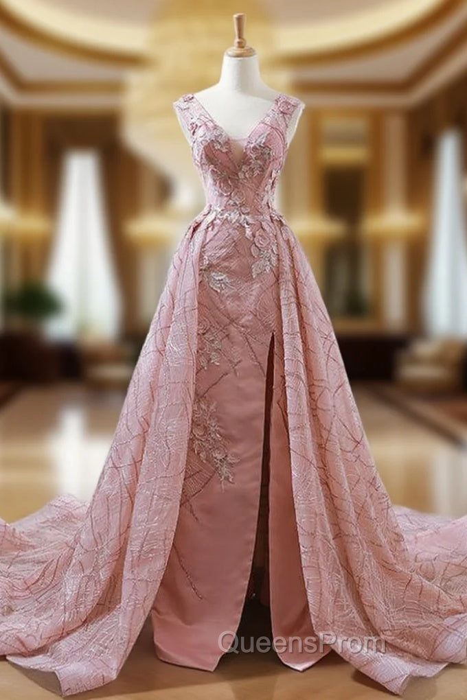 A-Line Pink Sequins V-neck Backless Appliques Wedding Dress
