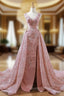 A-Line Pink Sequins V-neck Backless Appliques Wedding Dress